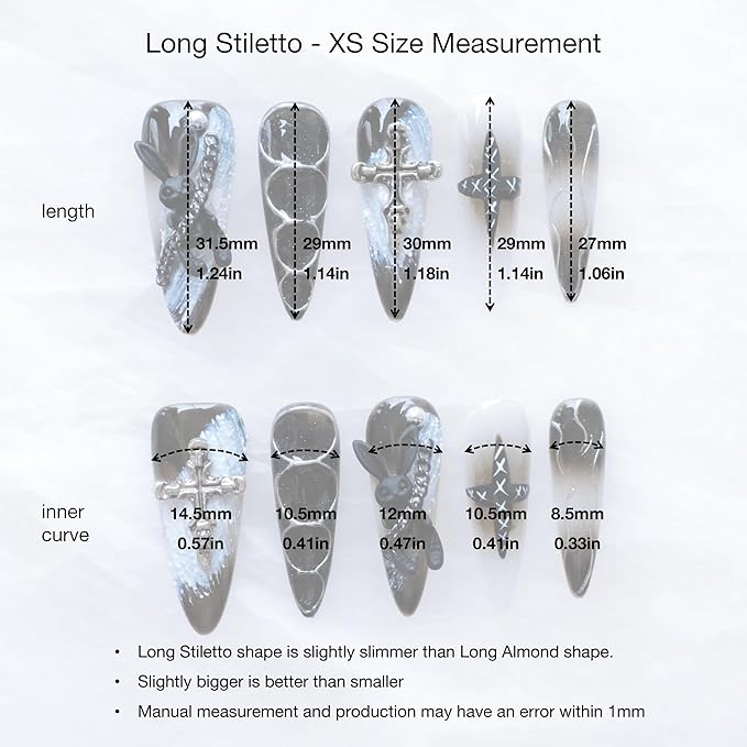 Gothic Press-On Nails, Long Stiletto Shape, Black with 3D Bunny and Cross Design, Handmade False Nail 10 Pieces (XS, LS)