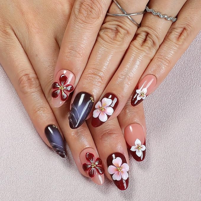 Flower Press on Nails Handmade Press on Nails 3D Floral Embossed and Golden Steel Ball Designs Medium Almond Fake Nails French False Nail Thick Acrylic Nails Stick on Nail for Women（Size S)