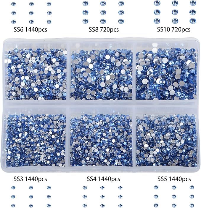 Bymitel 7200 Pieces 6 Mixed Sizes Glue Fix on Glass Rhinestones Round Crystal Gems Flatback for DIY Jewelry Making with one Picking Pen(6-Sizes 7200PCS, Lt. Sapphire)