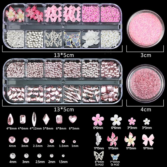 4 Boxes Pink Nail Gems Bow Flower Nail Charms for Acrylics - Irregular Crystals, Nails Rhinestone & Accessories for Women Nails Art Design Nails Decor(Pink)