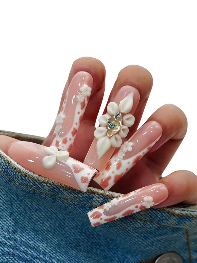 Euphrosyne Long White & Pink Press On Nails – 10pcs Square Fake Nails with 3D Flowers, Hearts & Leopard Print | Trendy Stick-On Nail Art for Women & Girls, Party or Everyday Look