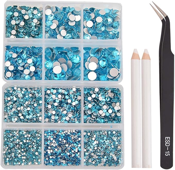 NCB 8000pcs Non Hotfix Rhinestones 10 Sizes Flatback Crystal Glass Rhinestones with Tweezers and Picking Pen for Nail Art Clothes Bags Phone Decorations Crafts DIY (004 Aquamarine Mix SS3-SS30)
