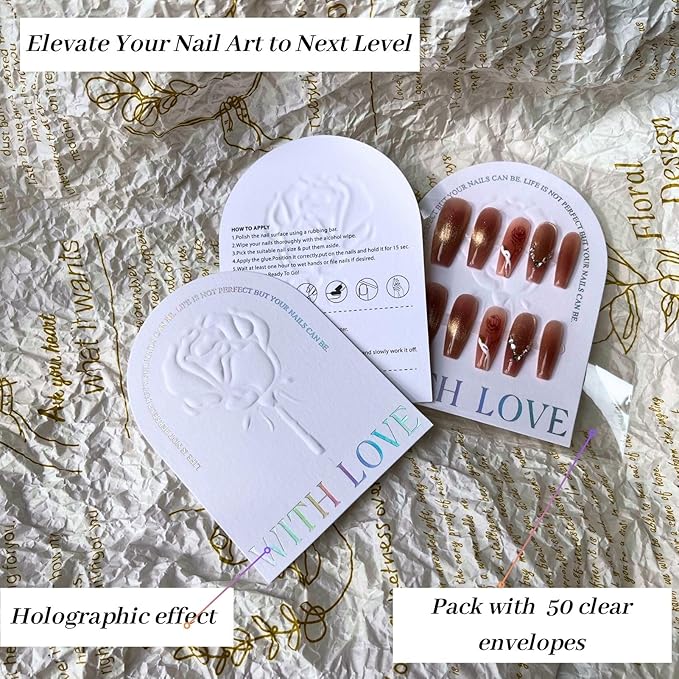 Press On Nails Packaging Kit Holographic Display Cards Storage Bag Nail Tech Must Haves Nail Artist Supply Essentials For Technicians Salon Studio Manicure Business (White, 3 * 4 in) 50 Set