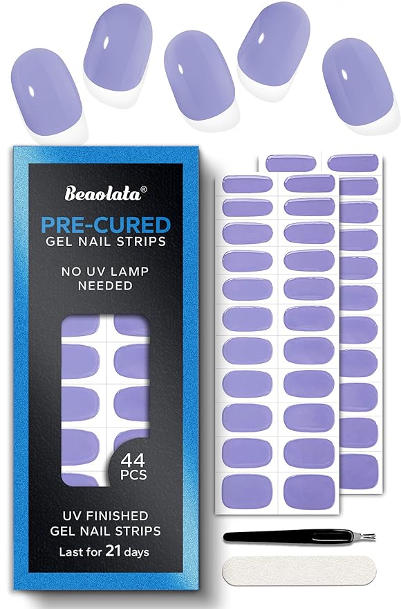 Pre Cured Gel Nail Strips - 44PCS Salon Quality Gel Nail Stickers - Long Lasting Polish Wraps for Women no UV Light Needed Easy Apply & Remove (Royal Purple)