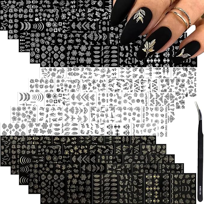 90 Sheets Flower Nail Stickers 3D Self-Adhesive Gold White Black Nail Decals Lace Retro Floral Leaf Nail Art Designs for Women and Girls Nail Art Decoration Accessories with Nail Tweezer