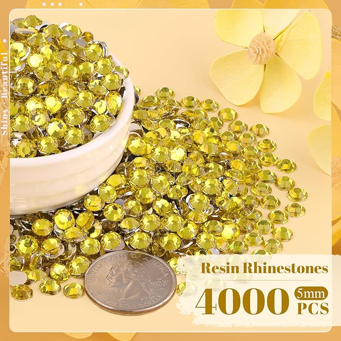 4000PCS 5mm Resin Rhinestones Bulk for Crafting (Lemon Yellow), Flatback Bedazzling Crystals for Crafts DIY Nail Decoration, Gems Charms for Tumbler Shoes Clothing Fabric with Pickup Pen and Tweezers