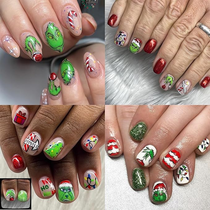 4 Sheets Christmas Nail Art Stickers Cute Green Monster 5D Self-Adhesive Xmas Nails Decals Designs Winter Funny Cartoon 3D Christmas Nail Stickers Decals Supplies for Women Nail DIY Art Decoration