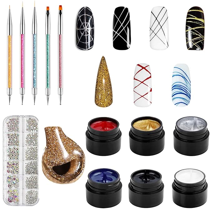 Vtrem 6 Colors 8ML Spider Gel Set with 5 PCs Double Ended Point Drill Drawing Brush Pen + Nail Rhinestones, Matrix Gel with Gel Paint Design Nail Art Kit Wire Drawing Nail Gel for Line