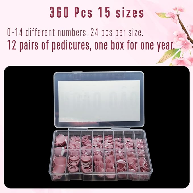 NOVO OVO Fake Toe Nail Tips Press on, French Tip Soft Gel Toenail Extension, BERRY PINK Square Round Pre-applied Tip Primer & Base Coat, Full Cover Matte False Nails for DIY x 15 Sizes 360Pcs