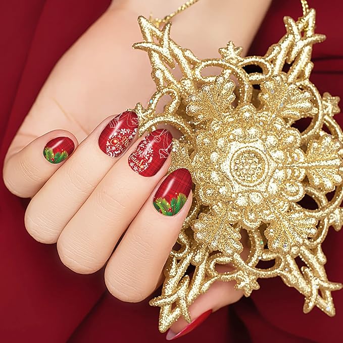 12 Sheets Christmas Nail Wraps Full Stickers Nail Polish Strips, DIY Self-Adhesive Nail Art Decals Santa Claus Xmas Tree Snowflake Pattern with 2 Piece Nail Files for Party Decor (168 Pieces)