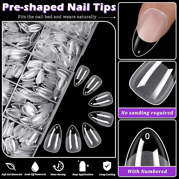 300pc Short Almond Nail Tips, Soft Gel Nail Tip Almond Fake Nails Artificial Fingernail, 15 Sizes Full Cover Clear Press on Nail Short Acrylic Nails Tips for Nail Extension, Press Nails Making