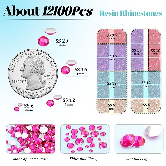12100Pcs Resin Rhinestones for Crafting with 3Pcs 10ml B7000 Jewelry Glue, 2 Boxes Flatback Crystals Diomand (Hot Pink) for Bedazzling Crafts DIY Nail Art Makeup，Non Hotfix Gems for Clothing Shoes