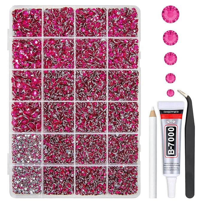 Rose Red Crystal Resin Rhinestones w B7000 Glue for Bedazzling Crafting 2-6mm Dark Hot Pink Flatback Stones Diamonds Gems Bedazzler Kit for Nails Face Eyes Makeup Tumblers Bottles Crafts Shoes