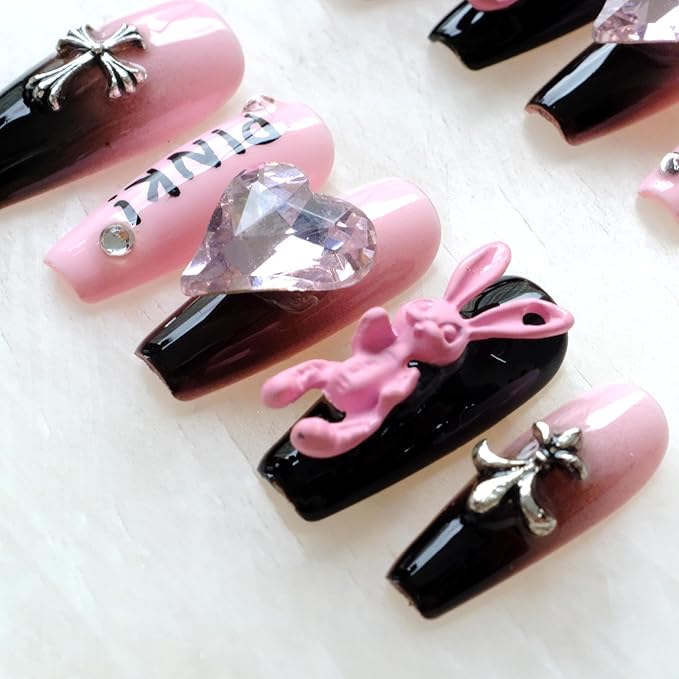 Luxury long Long Ballerina Press-On Nails, Pink and Black Gothic Design with 3D Bunny and Diamond Heart, Handmade False Nail 10 Pieces (Medium, LS)