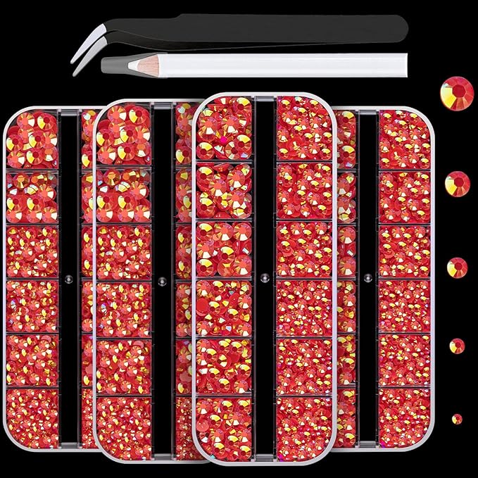 7000PCS Resin Rhinestones with Tweezers for Crafting, 2/3/4/5/6mm Flatback Jelly Rhinestones, 4 Box Red AB Non Hotfix Crystal Gems for DIY Crafts Mugs Tumblers Clothes Makeup Nail