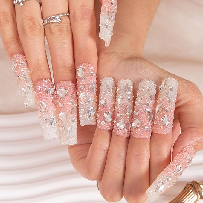 LOVFUL Press on Nails Berry Shake| Handmade with Full Covered Crystals| Reusable Fake Nails| Square Mid length 1.7in| H56-L