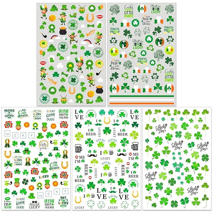 St. Patrick's Day Nail Art Stickers, Irish Shamrock Leprechaun Hat 3D Self-Adhesive Nail Decals Lucky Clover Design (5 Sheets)