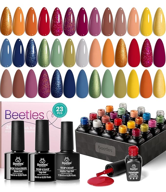 beetles Gel Polish Set, 20 Colors Orange Yellow Burgundy Red Glitter Green Shades Gel Nail Polish with Base Matte & Glossy Top Coat Soak off Manicure Gifts for Women