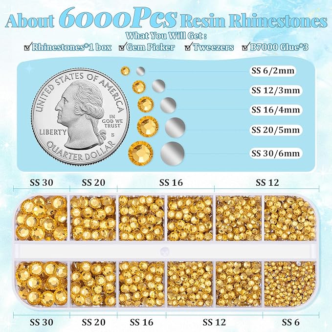 6000Pcs Resin Rhinestones for Bedazzling with 3Pcs B7000 Jewelry Glue, 1 Box Golden Flatback Rhinestones for Crafting Crafts DIY, Crystals Gems for Clothing Shoes Tumblers Nail Art Makeup
