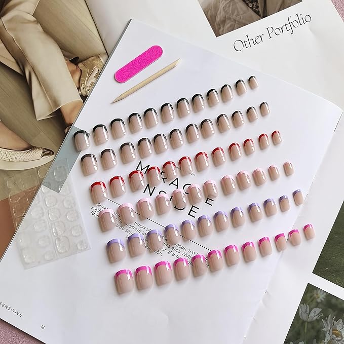 180 Pcs 6 Pack French Tip Press On Nails Short Square, KQueenest French Tip Fake Nails Press ons, Natural Nude Glue on Nails Short, Elegant Reusable Gel Stick on Nail for Women Spring Summer Wear