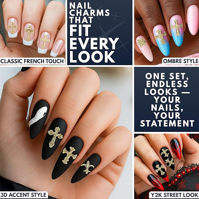 Gold Cross Nail Charms – 100 Pcs Set Gold Nail Charms and Gems in Acrylic & Metal Alloy, Durable 3D Cross Shapes for Trendy & Artistic Designs – Easy-to-Apply Accessories for Eye-Catching Manicures