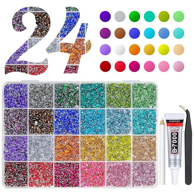 12600Pcs 24 Color 4mm Crystal Resin Rhinestones w B7000 Jewelry Glue for Bedazzling Crafting Flatback SS16 Colorful Rainbow Stones Gems Diamonds Crystals for Nails Face Makeup Tumblers Crafts
