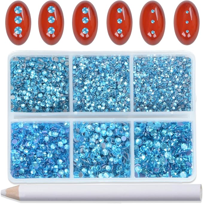 Bymitel Hotfix Crystal Rhinestones Round Gems for Crafts,Mixed 6 Sizes with Wax Pencil Kit, Aquamarine1.3-3.2mm(SS3-SS12/8000pcs)