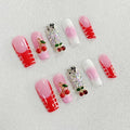 Handmade Red French Tip Press on Nails Long Square Fake Nails Pink Ombre Sparkly Acrylic Nails Press ons with 3D Cherry Rhinestones Designs False Nails Luxury Stick on Nail for Women 10Pcs (Size M)