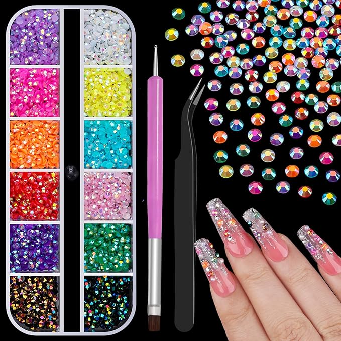 3D Mini Small Metal Stainless Steel Caviar Nail Beads Balls, 0.8-3mm Gold Silver Alloy Nail Art Chain Charms Studs with Tweezers and Dual-end Brush (9-K1-3mm-jelly)