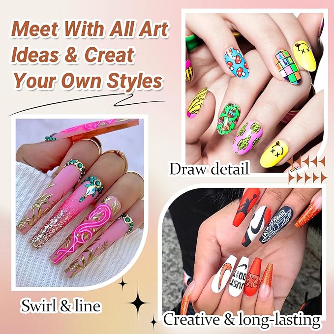 Double-Ended Acrylic Nail Art Liner Brushes, 6Pcs Gel Polish Nail Art Design Pen Painting Tools Set For Nails, Dotting Drawing Tool Polygel Brush for Long Lines, Thin Details, Fine Drawing (Black)