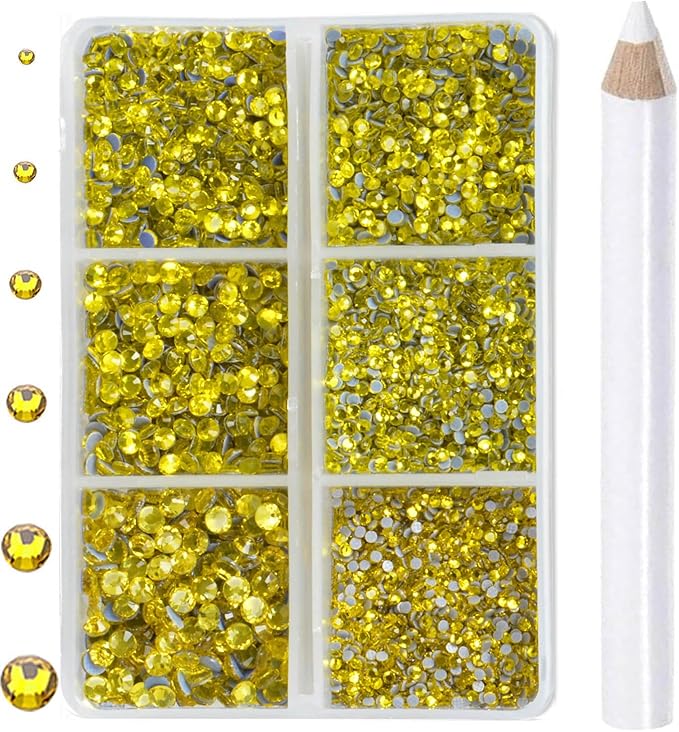8000pcs Hotfix Rhinestones Flatback,Rhinestones for Crafts Clothes Mixed 6 Sizes, Hotfix Crystals with Wax Pencil Kit, SS3-SS12,Citrine