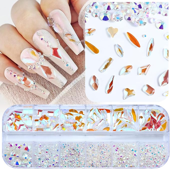 Dowarm 3200PCS Nail Art Rhinestones, Aurora Flatback Rhinestones for Nails, Crafts, 12 Styles 3D Glass Crystal Nail Gems