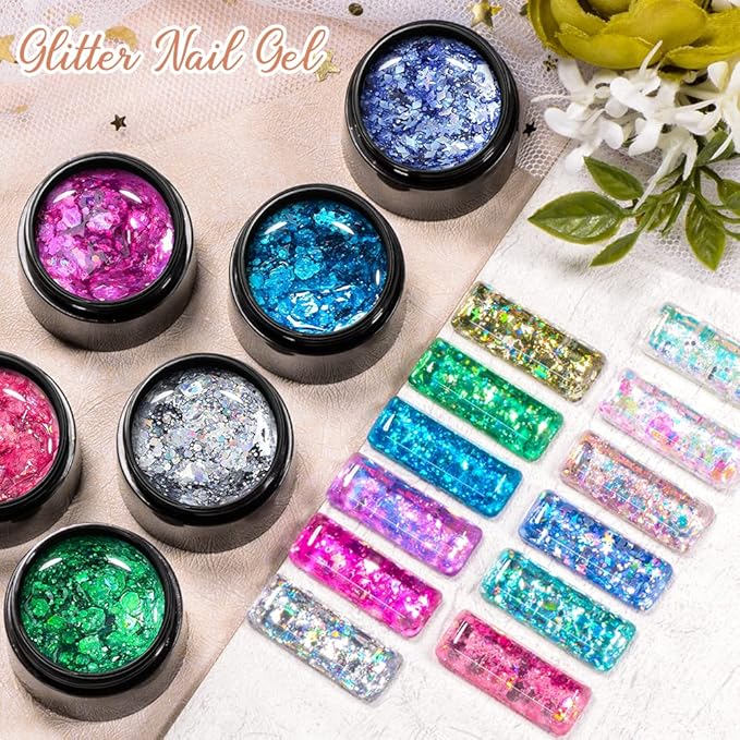 MEET ACROSS 12 Colors Glitter Gel Nail Polish Set Big Sequins Gel Polish Kit with 1Pc Nail Brush, Sparkly Shiny Gel Nail Polish for Home DIY Manicure Nail Salon