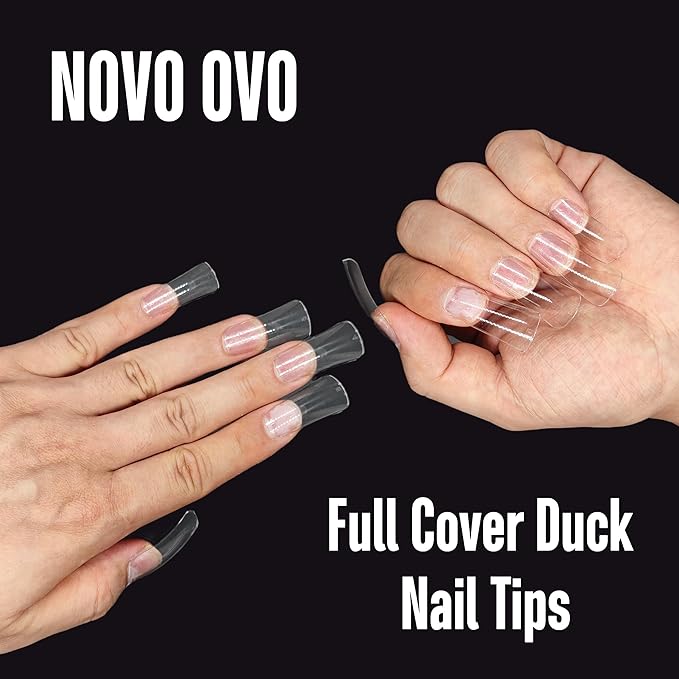NOVO OVO 120 pcs Full Cover Duck Feet Nail Tips Press On for Acrylic, Clear Medium/Long Coverage Flare Y2K Vibe Wide French Soft Gel False Nail Extension for Art Salon x 12 Sizes in Box