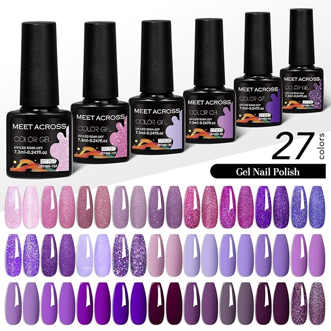 MEET ACROSS 27PCS Gel Nail Polish Set,27 Colors Gel Nail Kit Art Design Soak Off UV LED,Nail Art Design Gifts for Women