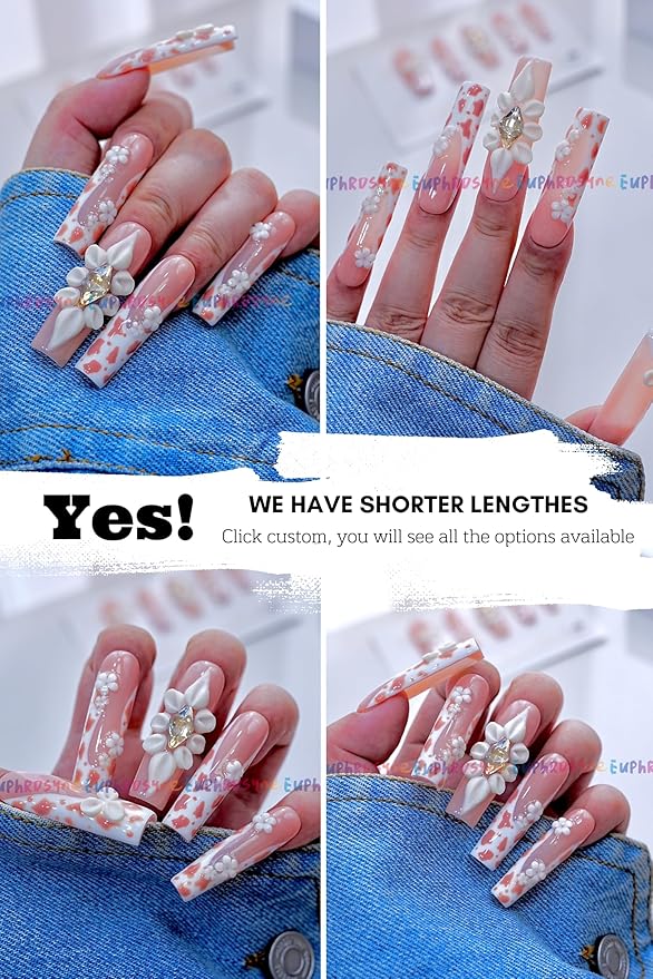 Euphrosyne Long White & Pink Press On Nails – 10pcs Square Fake Nails with 3D Flowers, Hearts & Leopard Print | Trendy Stick-On Nail Art for Women & Girls, Party or Everyday Look