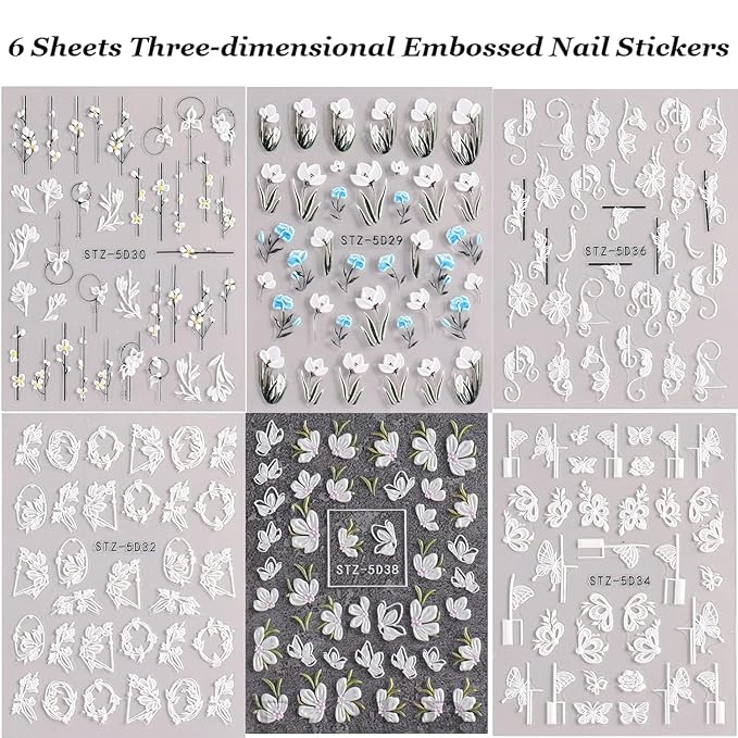 Flower Nail Stickers for Nail Art 5D Embossed Engraved Nails Decals 3D Spring Summer Accessories White Blue Self-Adhesive Nails DIY Design Decoration for Women Girls（6 Sheets