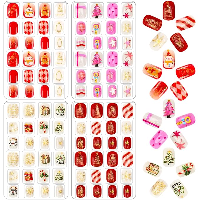 JANYUN 96 Pcs Christmas Fake Nails,Gilded Design Press on Nails for Pre-glue Full Cover Short False Nails Christmas Birthday Gift