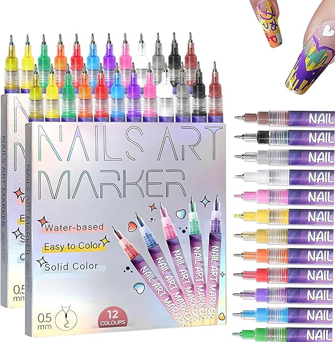 12 Colors Nails Art Pens Set,New Nails Art Markers Polish Pen for 3D Nails Art,Fine Tip Nails Art Pen 0.5mm,DIY Nails Art Marker Drawing Painting Liner Pen,Portable Nails Art Tools (B-2 Sets)