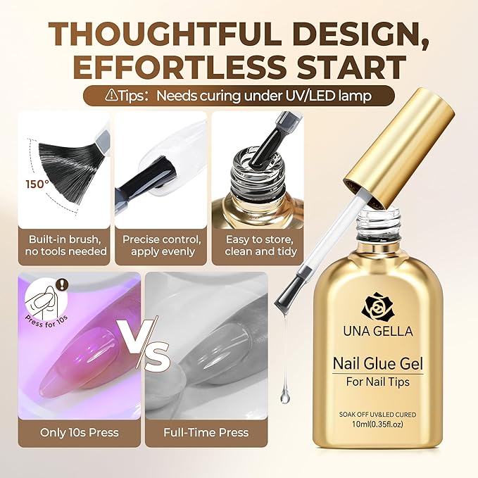 UNA GELLA 9 in 1 Gel Nail Glue for Clear Acrylic Nails Tips 2Pcs 10ml Long Lasting Super Strong Brush on Nail Gel Glue for False Press on Nails Tips Base Blooming Gel, U V Light Required