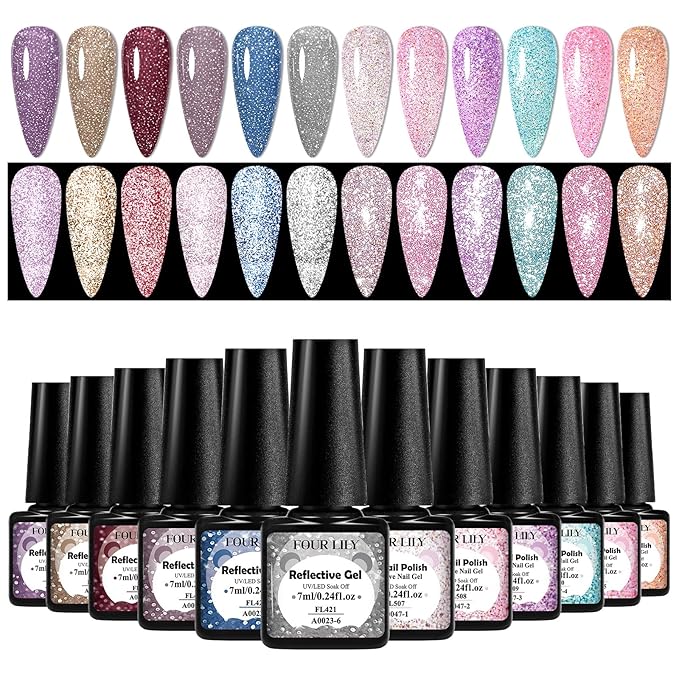 Reflective Glitter Gel Polish Christmas Pink Purple Brown Glitter Sparkly Shiny Disco DJ LED Gel Nail Polish Nail Varnish 12PCS 7ML