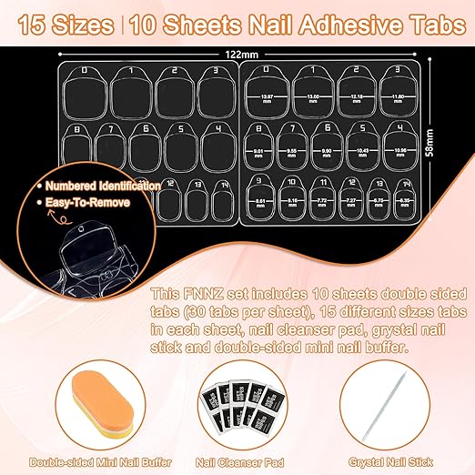 300 Pcs (10 Sheets) Nail Adhesive Tabs, Ultra Thin Double-Sided Nail Sticky Tabs for Press on, 15 Sizes Jelly Nail Glue Stickers Waterproof Press on Nail Sticky Tabs for Manicure Nail Accessories