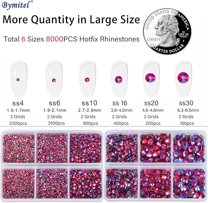 Bymitel Hotfix Crystal Rhinestones Round Gems for Crafts,Mixed 6 Sizes with Wax Pencil Kit, Siam AB 1.6-6.3mm SS4-SS30/8000pcs