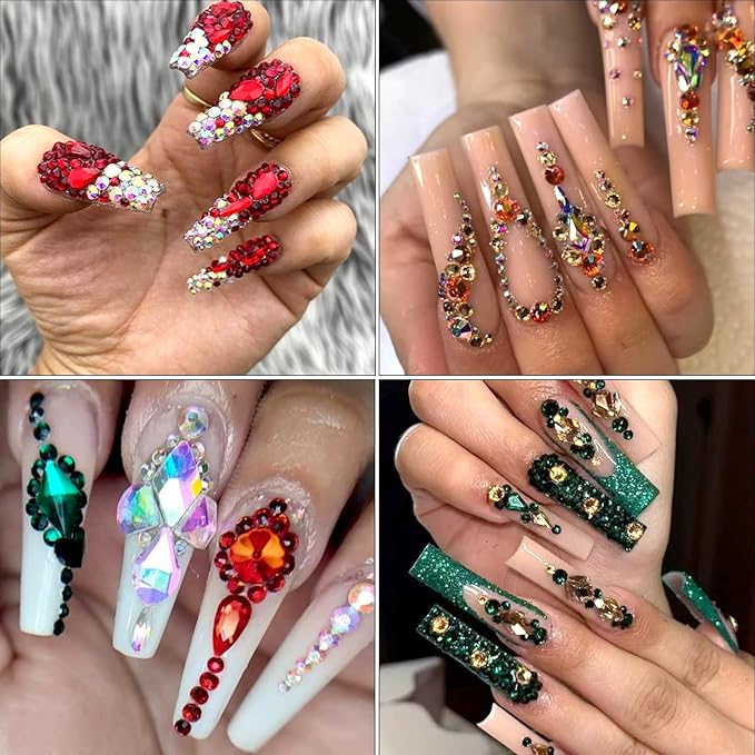 Nail Rhinestones - 3D Multiple Shapes Colorful, Crystals Gem, Round Flatback Rhinestones for Nails, with Kit, for Nail Art