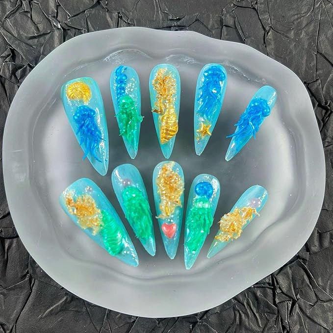 Press on Nails Handmade Nails 10Pcs Fresh Style Hand Embossed Blue Manual Press on Nails for Women Party Holiday Photo 33mm Long Size L
