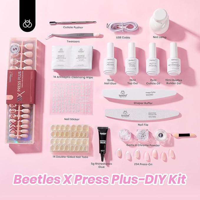 Beetles Press On Nails, French Tip Press On Nails Short Almond Kit with 224Pcs Nail Tips Nail Glue Builder Gel Top Coat Mini UV Light All-in-One DIY Wedding Nail Designs Gift for Women