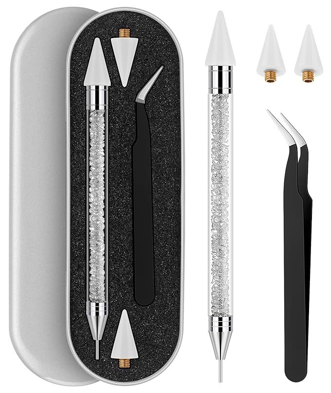Tatuo Rhinestone Picker Tool Set Wax Pen for Rhinestones Diamond Art Painting Dual Head Dotting Pen with 2 Extra Wax Tips and 1 Nail Art Tweezer for Nail Art DIY Crafts(White)