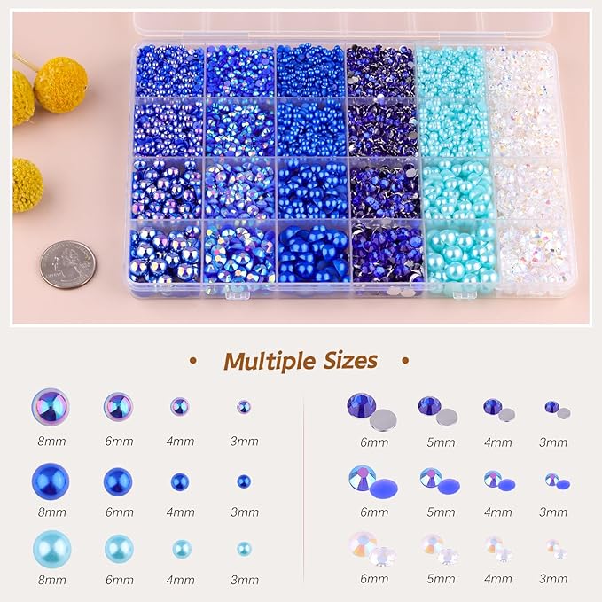 14000PCS Flatback Pearls and Blue Rhinestones for Bedazzling Kit, Dark Blue Mixed Size 3-10mm Resin Rhinestones Gems and Half Pearls for Crafting, Nail Art Crafts Decoration