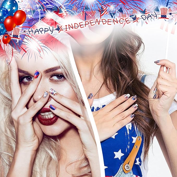 DANNEASY 16 Sheets 4th of July Independence Day Nail Polish Stickers Full Nail Wraps Self Adhesive Nail Polish Strips Gel Fingernail Sticker Nails for Women with Nail File, Cuticle Stick