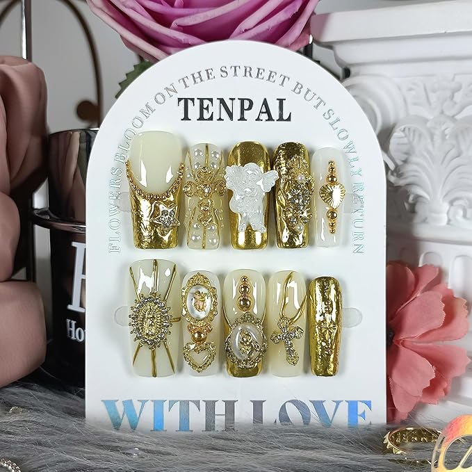 Baroque Press on Nails Long Coffin 3D Embossed Pearl Cross Charm Luxury False Nails for Women Gold Glam Royal Cathedral Style Glue on Nails for Parties Holiday Events(S)